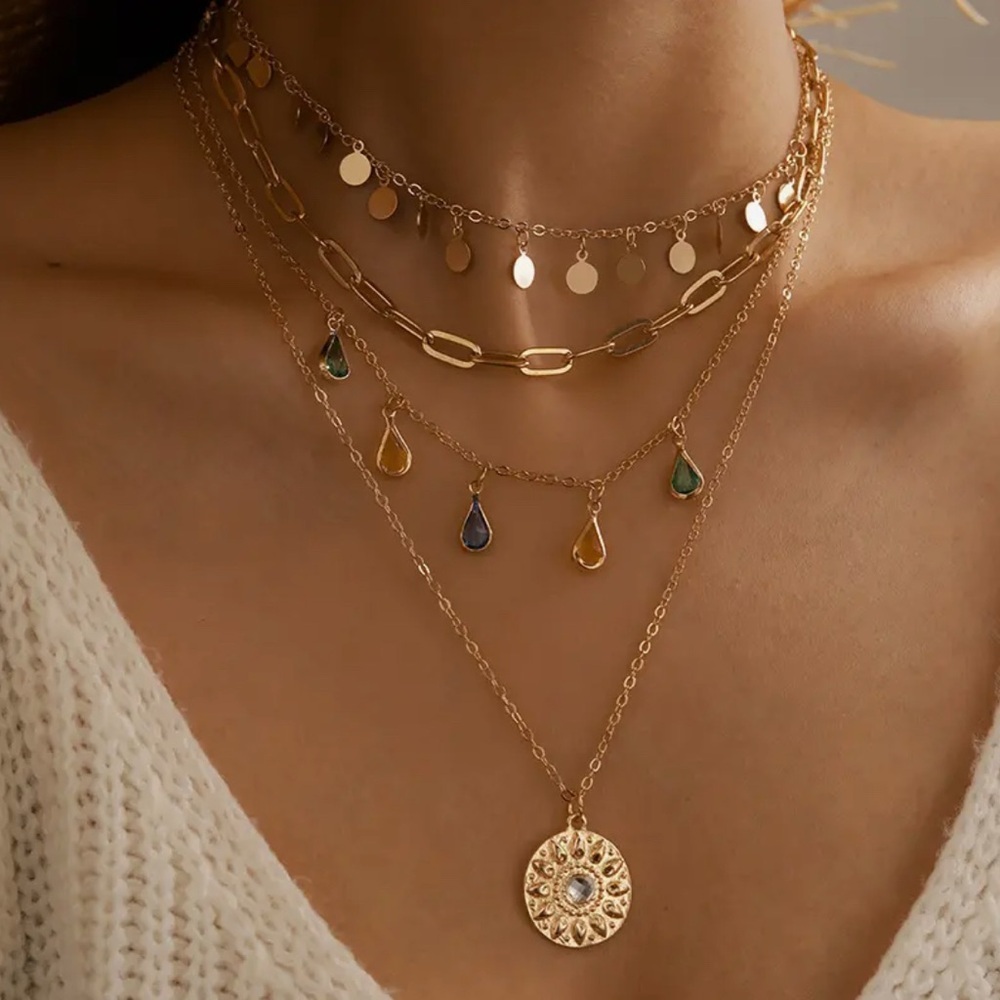 Gold‎ Layered Necklace Set with Textured Pendants
